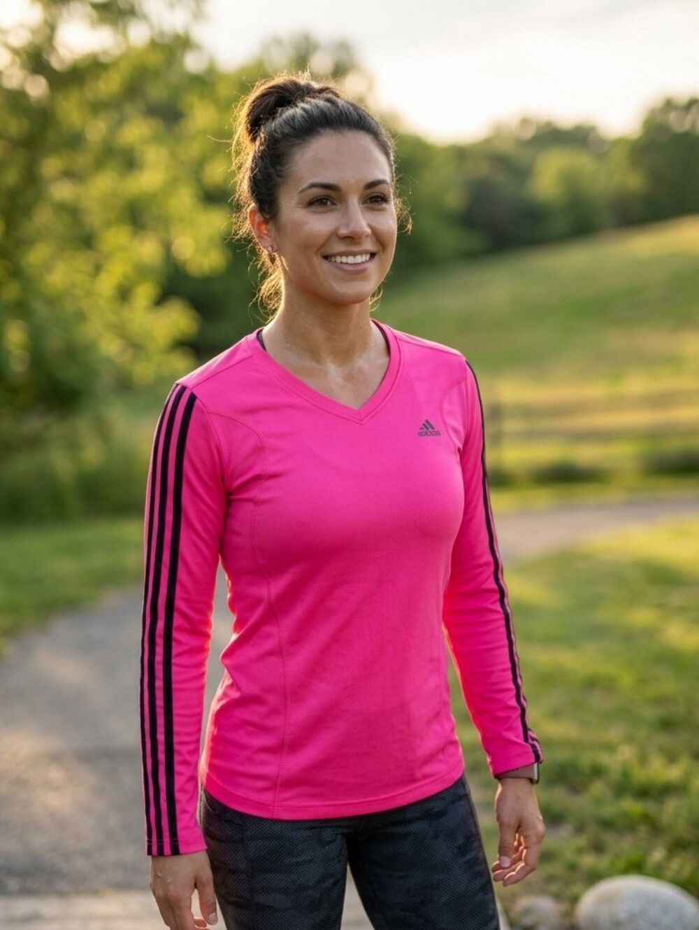 Adidas Climalite Hot Pink Long Sleeve V-Neck Athletic Top M